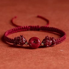 Buddha best 招財運鏡面圓形硃砂雙貔貅手鍊