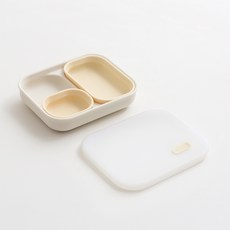 TACKAON 123 矽膠吸附2格餐盤 + 2格蓋子 + 配料碗 + 長碗組, 1套, 象牙白(餐盤), 黃色(碗)