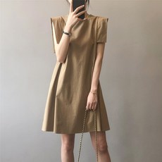 I'M MONG 女款 Mika A字迷你無袖連身裙, 米色