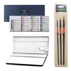 ShinHanart 專業用水彩顏料 + 30格水彩調色盤 + 水彩筆3件組, 30色