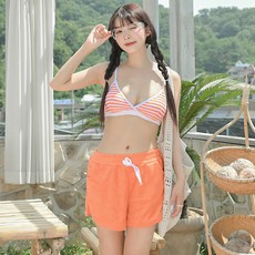 CocoDream 毛巾布條紋比基尼 上衣 + 下身 + 短褲三件組 24266, 橘色
