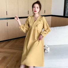 孕婦V領荷葉邊長袖連身裙