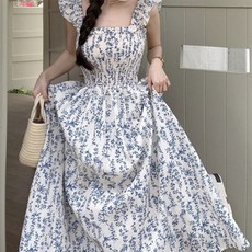 TheSirup 女款藍色香草抓皺綁帶沙灘連身裙