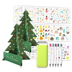2Youngdesign 聖誕樹立體卡片 2入 + 口袋文具5種隨機出貨 + 28種貼紙套組, 綠色, 1套