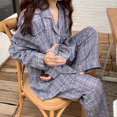 Eolipeul 女款格紋長袖上下睡衣套裝