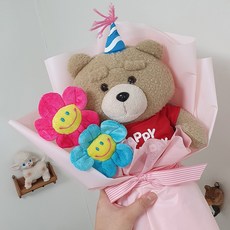 人造花泰迪熊娃娃粉紅微笑花束, 隨機出貨, 1個
