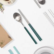 RAONNURI 無刮痕 Della 全不鏽鋼彩色餐具組, 深祖母綠, 湯匙 + 筷子, 1套