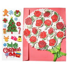 玫瑰花束捲軸信紙 + 聖誕節不織布貼紙2件組, 隨機出貨, 1套