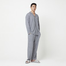 JAJU 男款蜜桃絨格紋長袖睡衣套裝