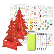 2Youngdesign 聖誕樹立體卡片 2入 + 口袋文具5種隨機出貨 + 28種貼紙套組, 紅色, 1套