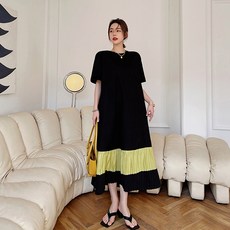 Lemon Soul Buabo下擺百褶長版連身裙 含大尺碼, 黑色