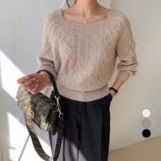 무드인더 여성용 스퀘어넥 꽈배기 무지 긴팔 니트