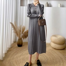 Queenis 女款翻領麻花紋針織長版連身裙, 灰色