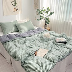小格紋超細纖維冬季薄被, 綠色