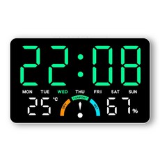 Couselect 居家溫濕度LED電子鐘 簡約大屏掛立兩用 多功能床頭鬧鐘, 白殼綠燈 數位式