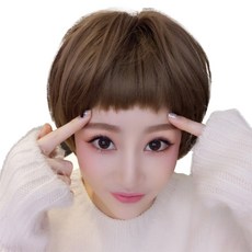 HiYuni 齊瀏海短髮整頂假髮 25cm + 髮網 + 支架組, 1個, 深棕色