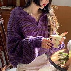 PEONIST 女款條紋翻領針織毛衣