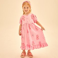 Care Bears 女童款可愛荷葉邊滿版印花家居洋裝