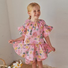 matildany 女童透氣花朵喇叭袖荷葉邊上衣