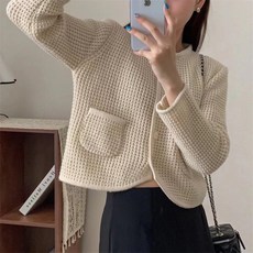 아이엠몽 여성용 크몬 크롭 와플 니트 가디건