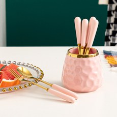 MEO 陶瓷湯匙叉子餐具筒組, 粉紅色, 叉子 3p + 湯匙 3p + 茶匙筒