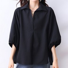 퀸이즈 여성용 노버튼 오픈 카라넥 오버핏 블라우스