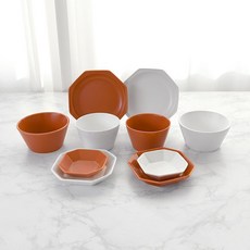 PRELUDE Simple 雙人餐具組, 飯碗 2入 + 湯碗 2入 + 小菜盤 2入 + 中菜盤 2入 + 甜點盤 2入, 胡蘿蔔色, 棉花糖色, 1套