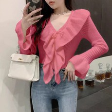 구디프 여성용 구피러브 V넥 크롭 골지 니트