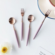 Bogen 艾菲爾餐具2種x2件組 玫瑰金 + 深粉色, 1套, 茶匙 2p + 茶叉 2p