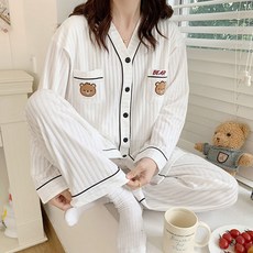 Damon 孕婦直條紋小熊睡衣套裝 cns635