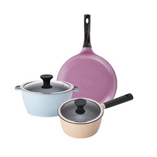 Pn Poongnyun IH感應MAREE Daylight鍋具 3入, 雙耳湯鍋(Baby Blue)+單柄湯鍋(Cream Yellow)+平底鍋(Light Violet), 單柄湯鍋18cm+雙耳湯鍋20cm+平底鍋26cm