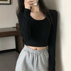 Goodif 女性基本款U領長袖短版T恤