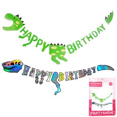 PARTYSHOW 恐龍生日派對掛旗 2件組, 1套, 綠色, 全息
