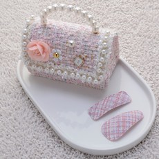 HANNAL RIBON 女孩童花朵珍珠粗花呢單肩包+髮夾2件組