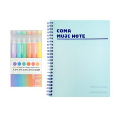 TUCO.B Coma軟毛螢光筆6色+Coma B5空白筆記本組合, 1套, 粉彩紫, 粉彩藍, 粉彩綠, 粉彩橘, 粉彩粉, 粉彩黃(螢光筆), 天空藍(筆記本)