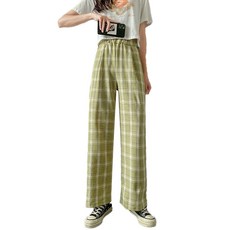 여성용 리홍 루즈핏 체크 와이드 팬츠