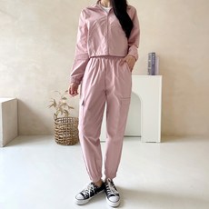 jalbba jean 女款拉鍊短版防風外套束口褲上下套裝