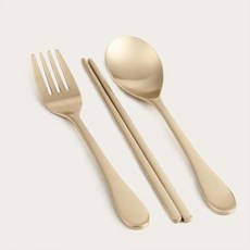 Sutami 兒童用韓國傳統銅器 Notbom 圓形1人餐具組, 1個, 湯匙 + 筷子 + 叉子, 單一顏色