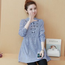 孕婦印花長袖襯衫連身裙