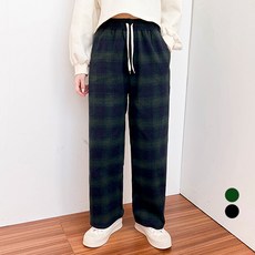 밀키버터 여성용 울 타탄 체크 포켓 와이드 밴딩 팬츠