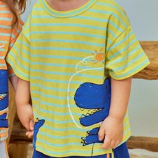 Firstblue 兒童透氣恐龍條紋短袖T恤