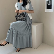 구디프 반팔 라운드넥 루즈핏 주름 통기성 롱 원피스