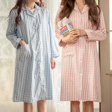 테라우드 여성용 로브 코튼 체크 원피스 잠옷 2p