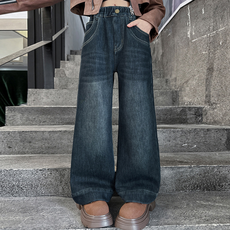 Orange Damom 女童雙口袋線條設計鬆緊腰刷毛牛仔褲