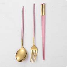柔和金色不鏽鋼便攜餐具+收納盒組, 粉色, 湯匙+筷子+叉子+收納盒, 1套