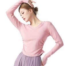 炎夏舞蹈運動V領長袖T恤, 粉紅色