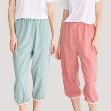 테라우드 여성용 리썸 체크 밴딩 레이스 9부 파자마 바지 2종 세트