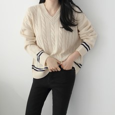 JENIT 女款寬鬆版型V領麻花針織毛衣