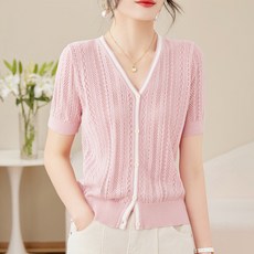 더시럽 여성용 V넥 라인포인트 얇은 반팔 니트 가디건
