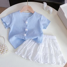 Uvely 兒童唐衣抓皺開襟衫 + 短裙套裝